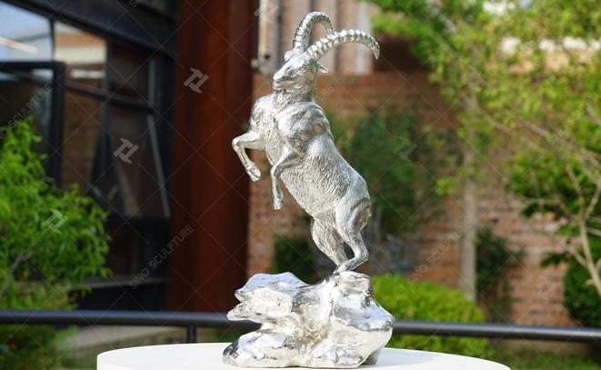 Vivid Polished Stainless Steel Standing Goat Decoration Sculpture 0